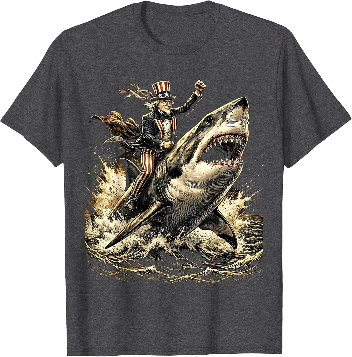 Men's Great White Shark Breaching Ocean Surface T-Shirt - Dark Heather Grey