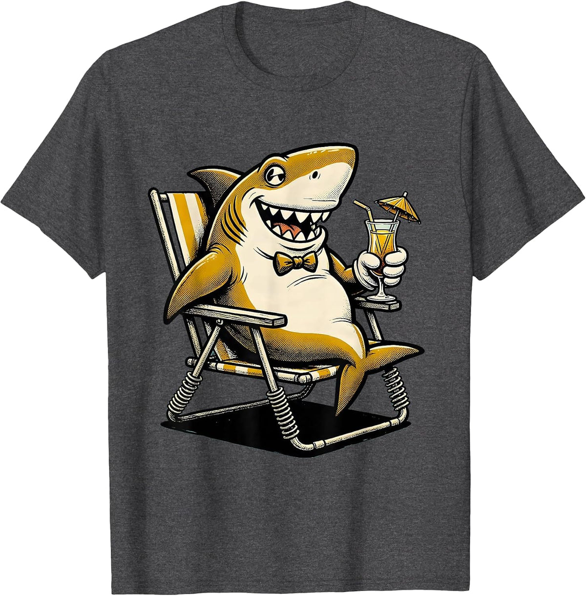 Shark Relaxing in Lawn Chair with Tropical Drink T-Shirt - Dark Heather Grey