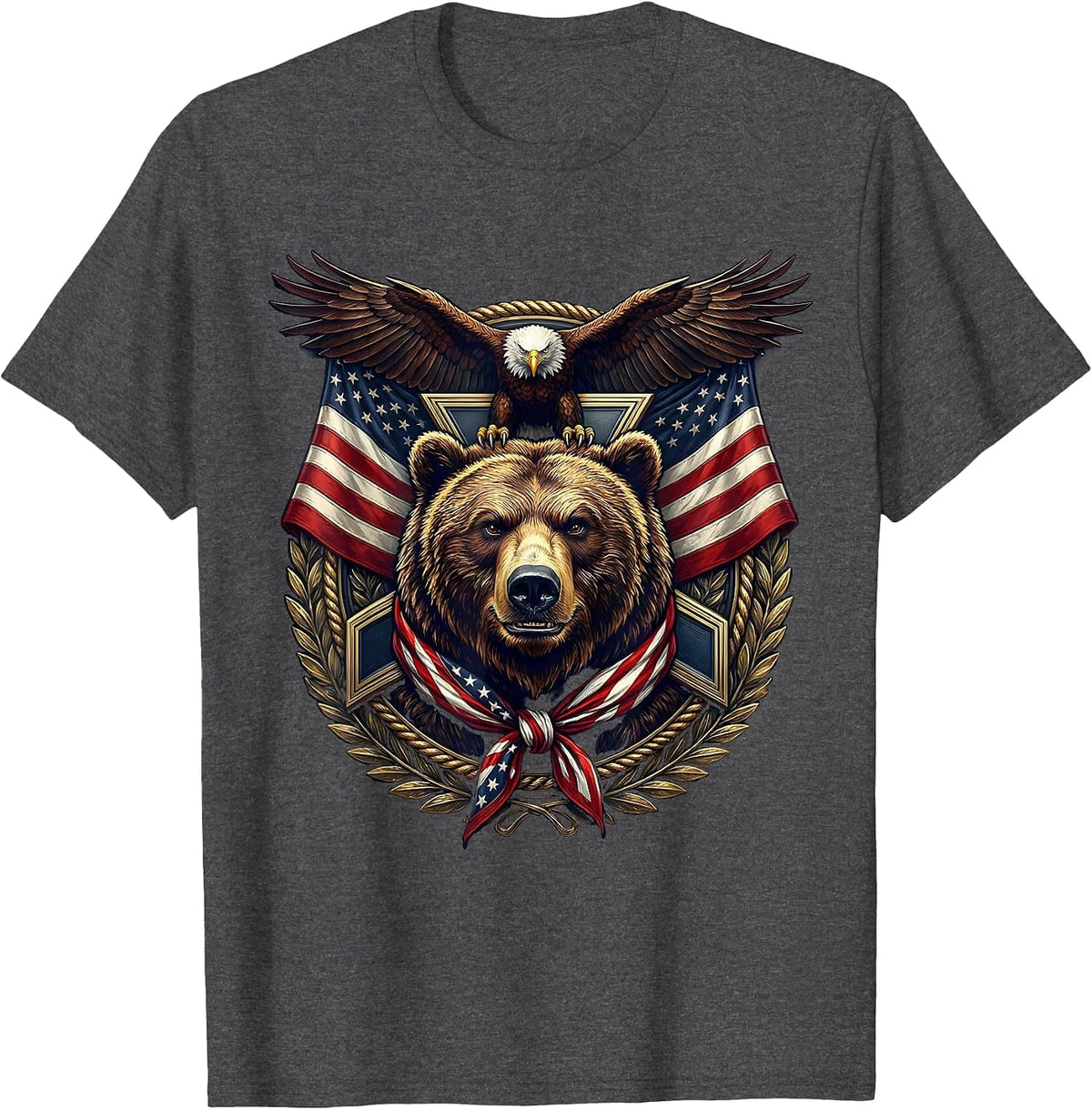 Patriotic Bear Star-Spangled Bandana Graphic T-Shirt - Dark Heather Grey