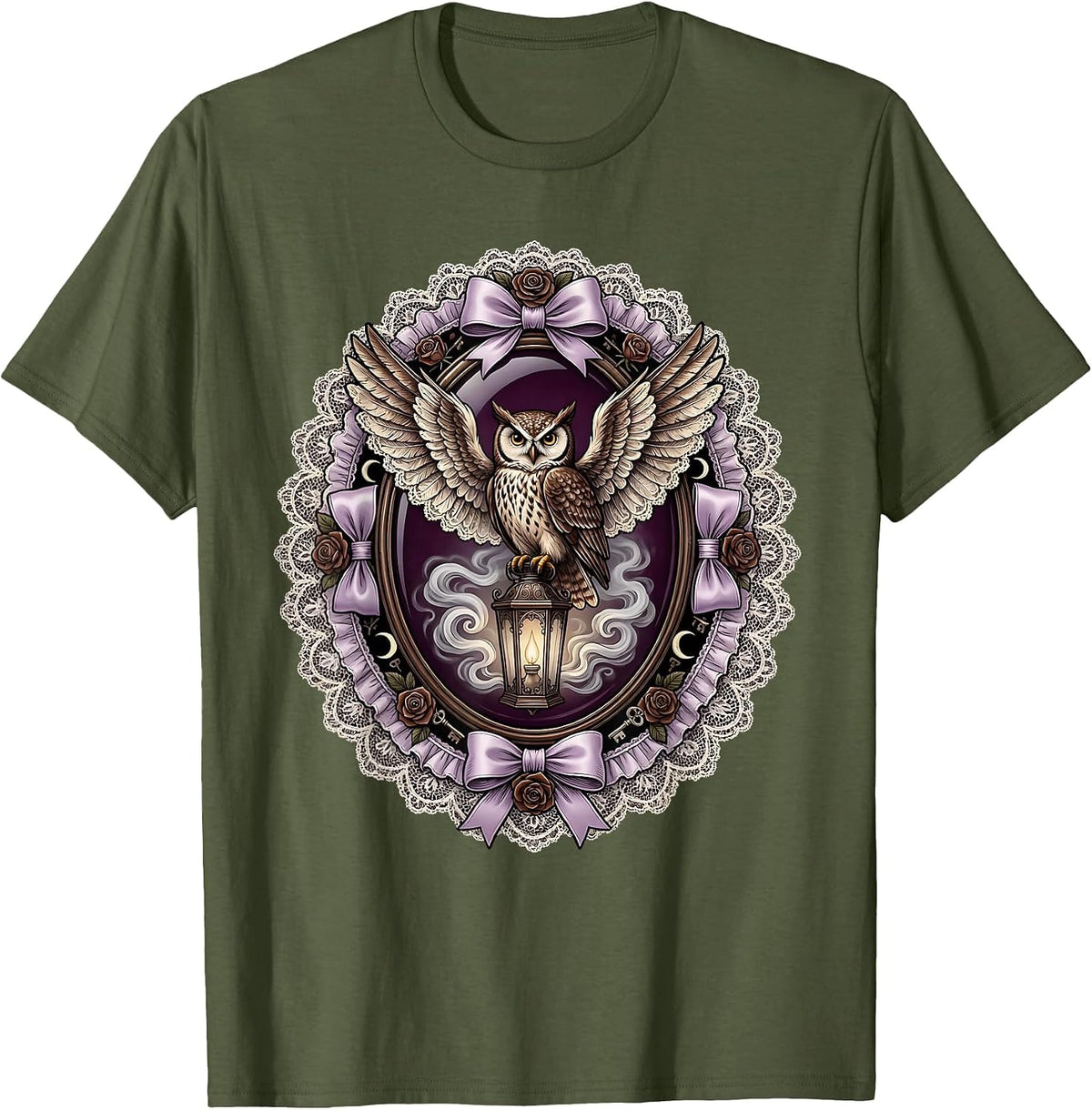 Men's Owl on Glowing Lantern Halloween Fog Design T-Shirt - Olive Green