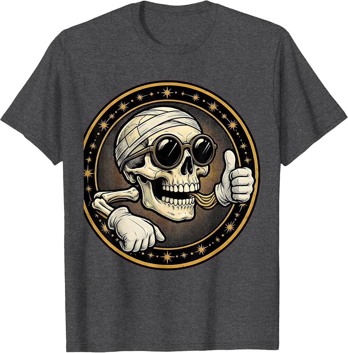 Cool Skull Bandaged Sunglasses Grinning Graphic T-Shirt - Dark Heather Grey