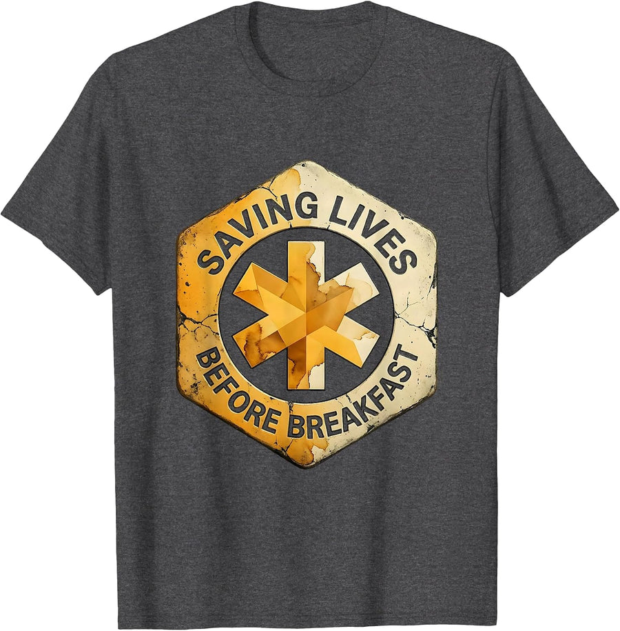 Men's Saving Lives Before Breakfast EMT Design T-Shirt - Dark Heather Grey