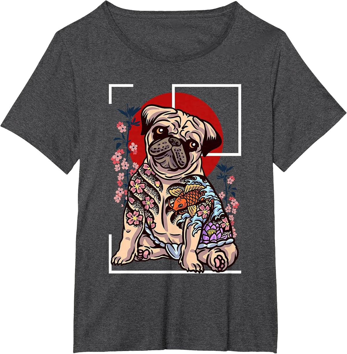 Japanese Tattoo Pug Dog Lover of Pug Yakuza Style Koi Fish T-Shirt - Dark Heather Grey