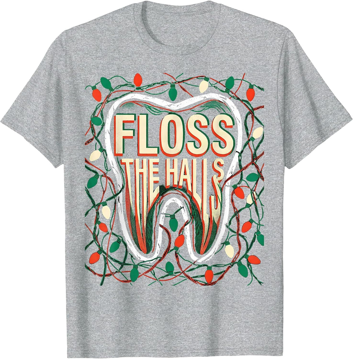 Men's Floss the Halls Risograph Funny Dentist Dental Hygienist T-Shirt - Heather Grey