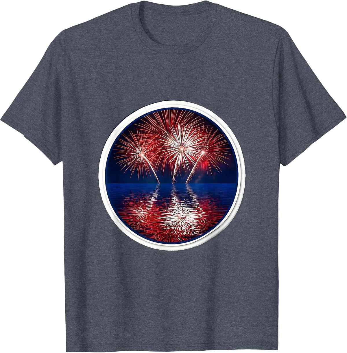 Fireworks Over Water Reflection Patriotic Design T-Shirt - Heather Blue