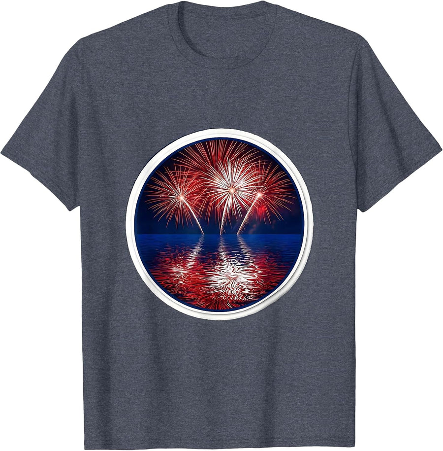 Fireworks Over Water Reflection Patriotic Design T-Shirt - Heather Blue