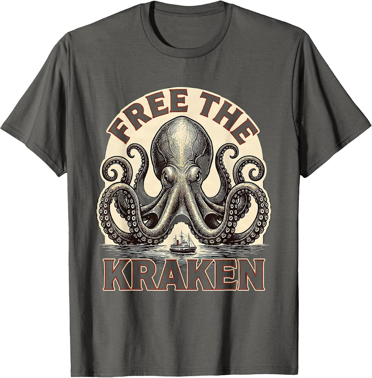 Free The Kraken Vintage Kraken Sea Monster Octopus T-Shirt - Asphalt Grey