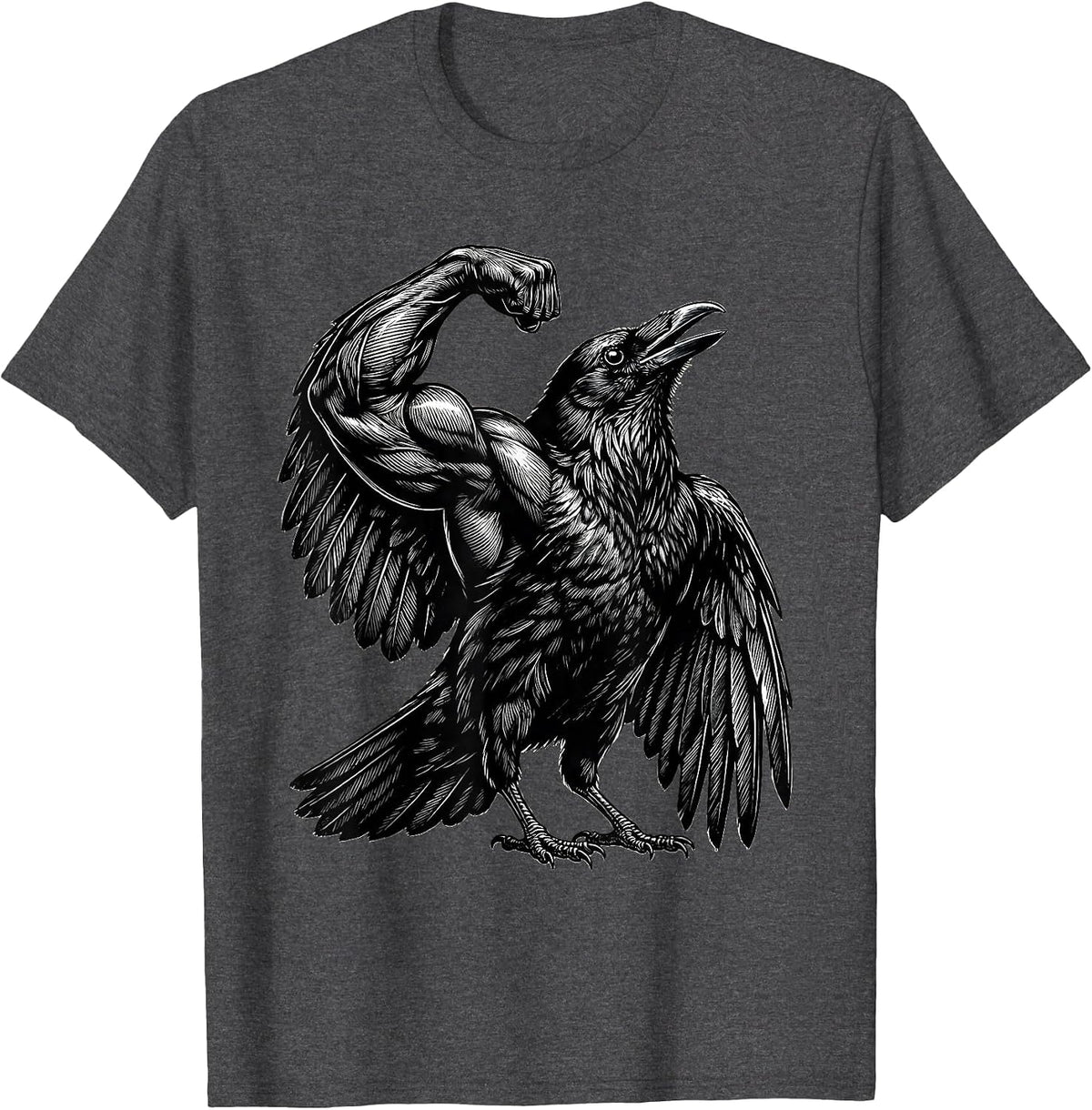 Crow Flexing Muscles Bodybuilder Bird Art T-Shirt - Dark Heather Grey