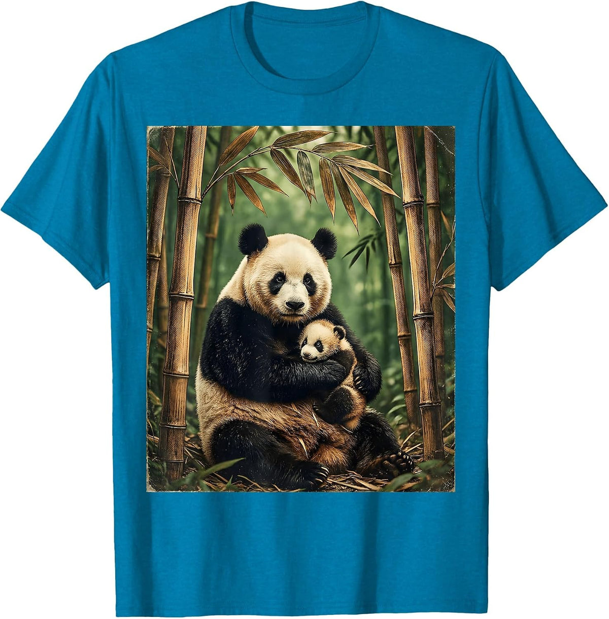 Mama Panda and Cub in Bamboo Grove Design T-Shirt - Sapphire Blue