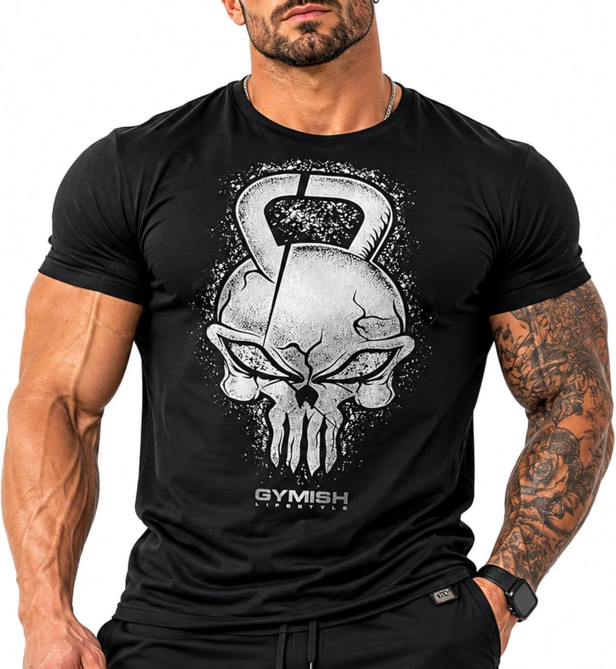 Gymish Lifestyle Reaper Skull Gym Shirt for Men, Bodybuilding Workout Tee - 5. Reaper Silver on Black