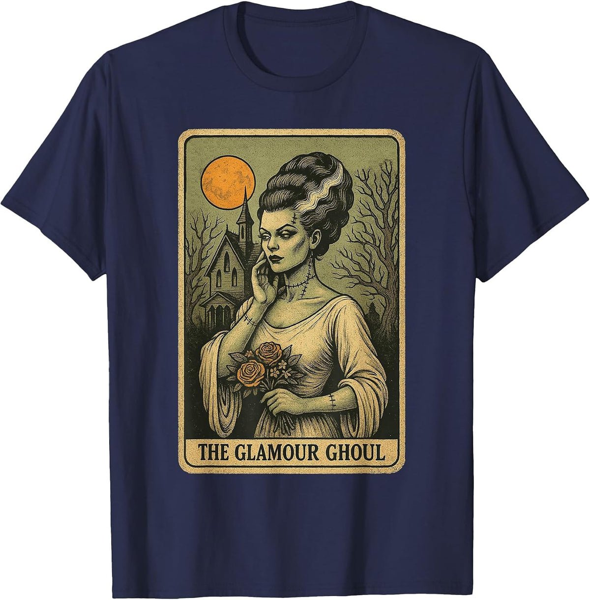Frankensteins Bride Glamour Ghoul Women Tarot Card T-Shirt - Navy Blue
