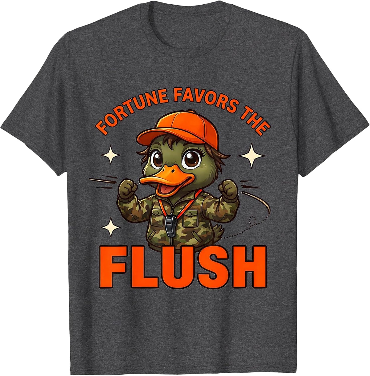 Men's FORTUNE FAVORS THE FLUSH Funny Duck Hunter Hunting Camp T-Shirt - Dark Heather Grey