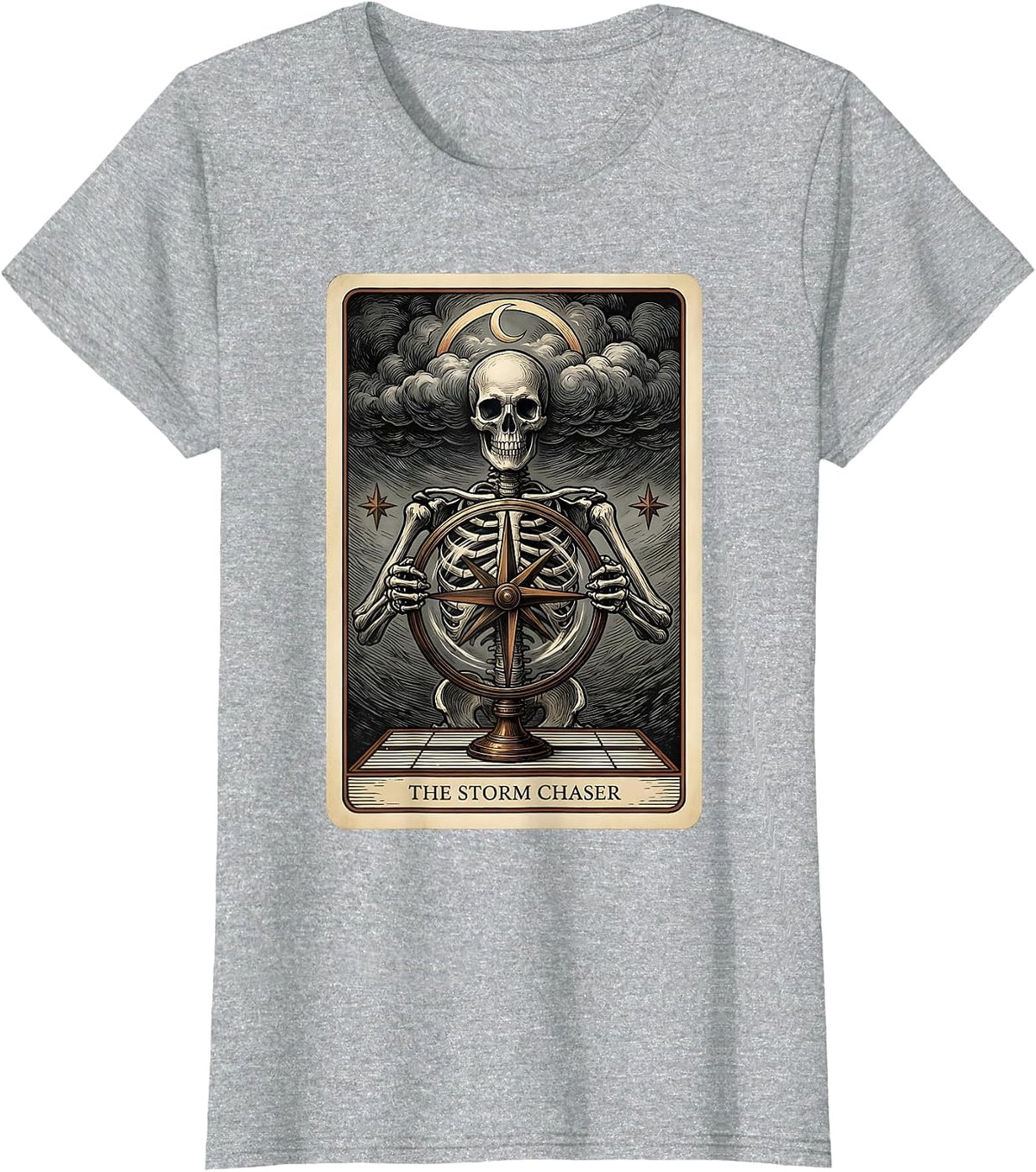 Women's The Storm Chaser Gothic Tarot Card Skeleton Halloween Humor T-Shirt - Heather Grey
