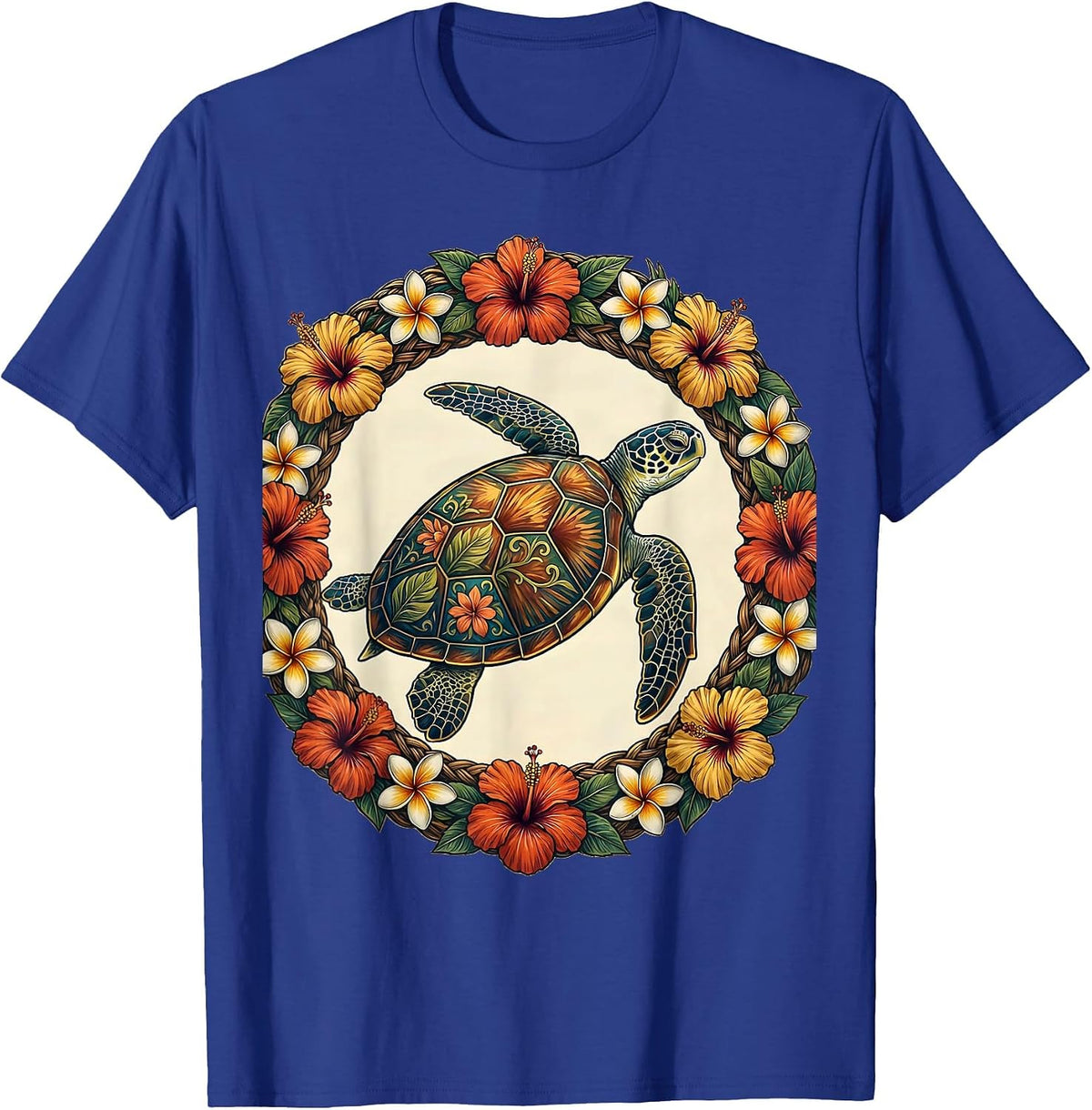 Hawaiian Sea Turtle Floral Shell Graphic T-Shirt - Royal Blue