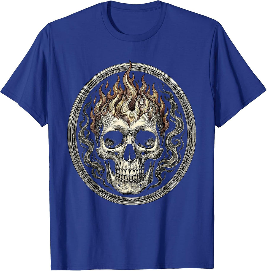 Skull Engulfed in Smoke and Flames Graphic T-Shirt - Royal Blue