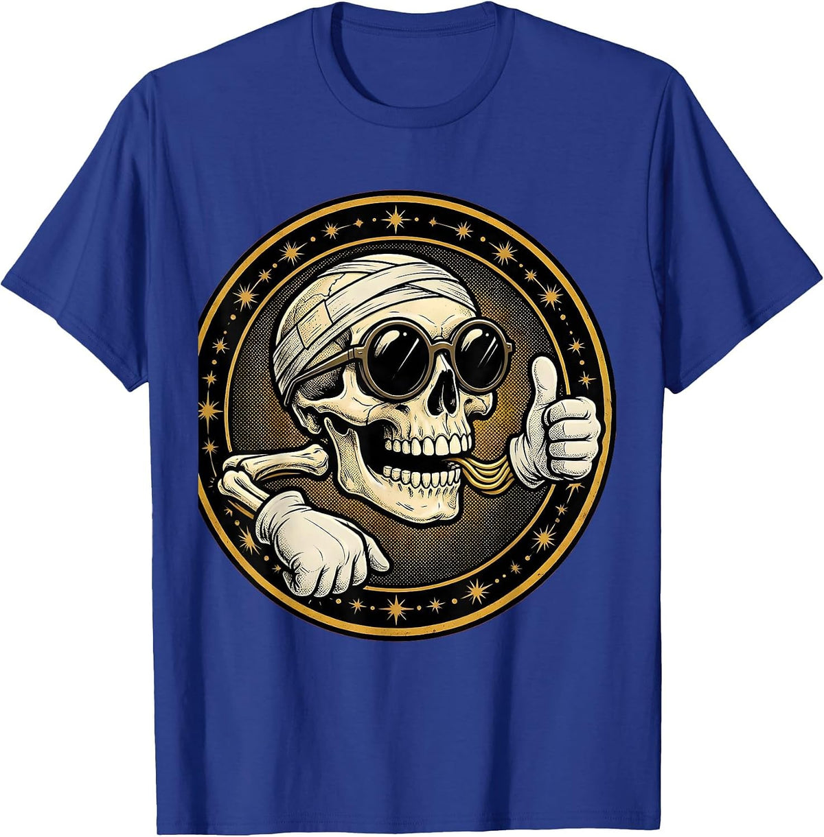 Cool Skull Bandaged Sunglasses Grinning Graphic T-Shirt - Royal Blue