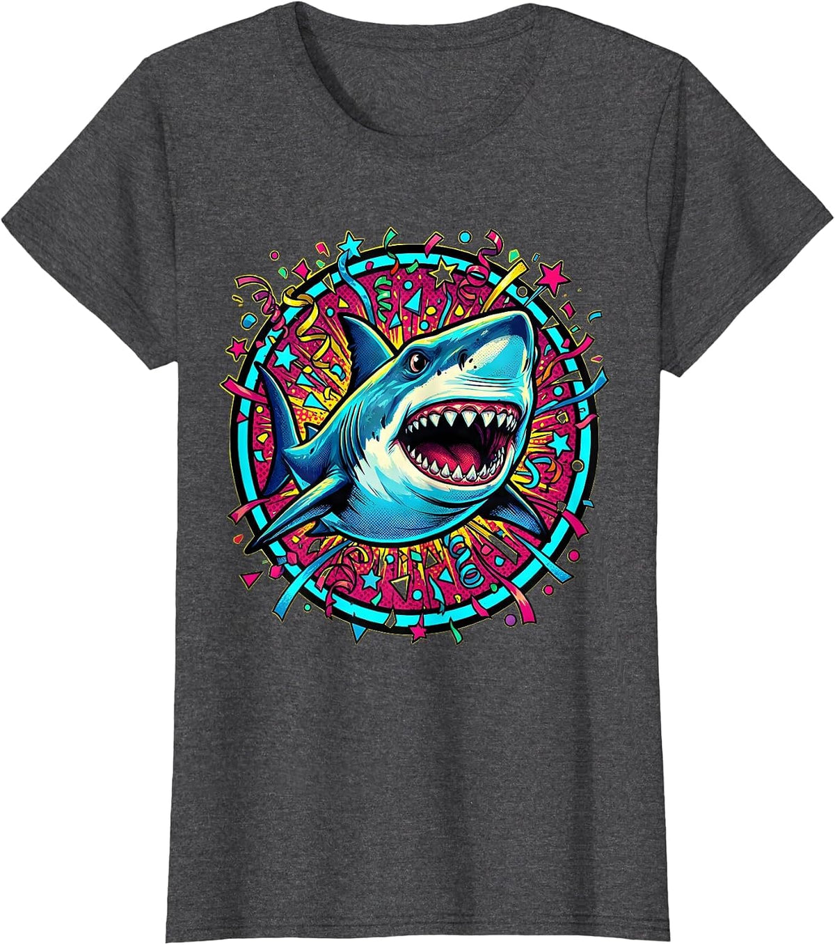 Women's Birthday Shark Confetti Ocean Celebration Design T-Shirt - Dark Heather Grey