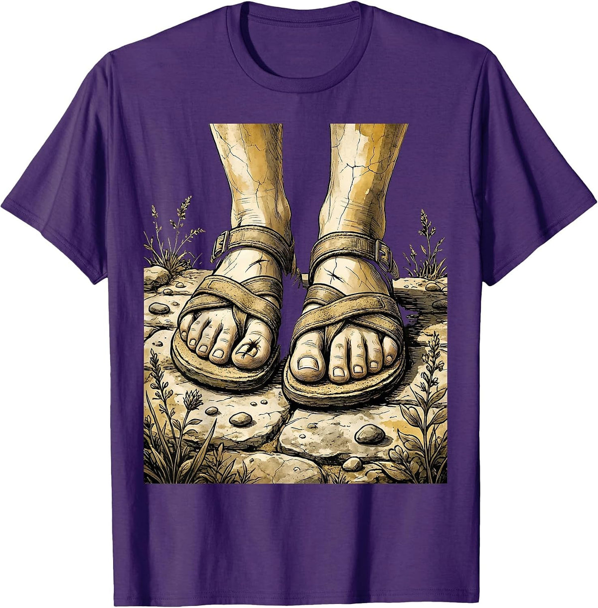 Jesus Nail Scarred Feet on Stone Christian Graphic T-Shirt - Purple