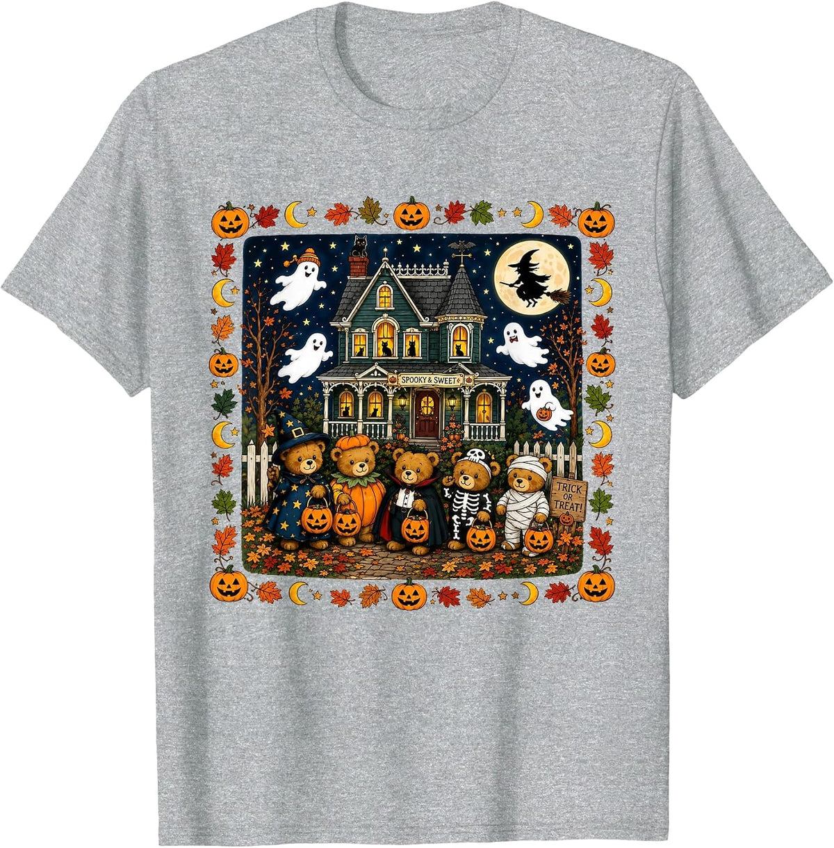 Cute Halloween Teddy Bears House Scene T-Shirt - Heather Grey
