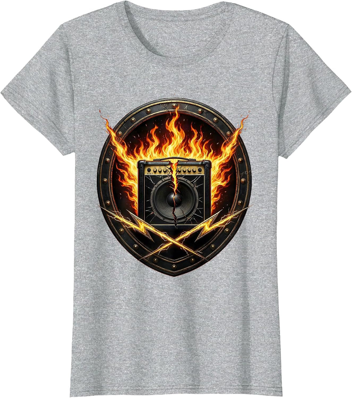 Women's Broken Amp Flames 80s Rock Band Graphic T-Shirt - Heather Grey