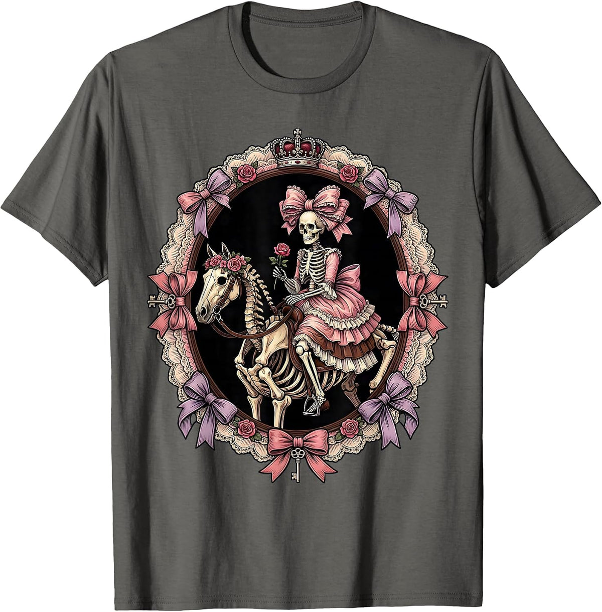 Skeleton Riding Side-Saddle on Horseback T-Shirt - Asphalt Grey