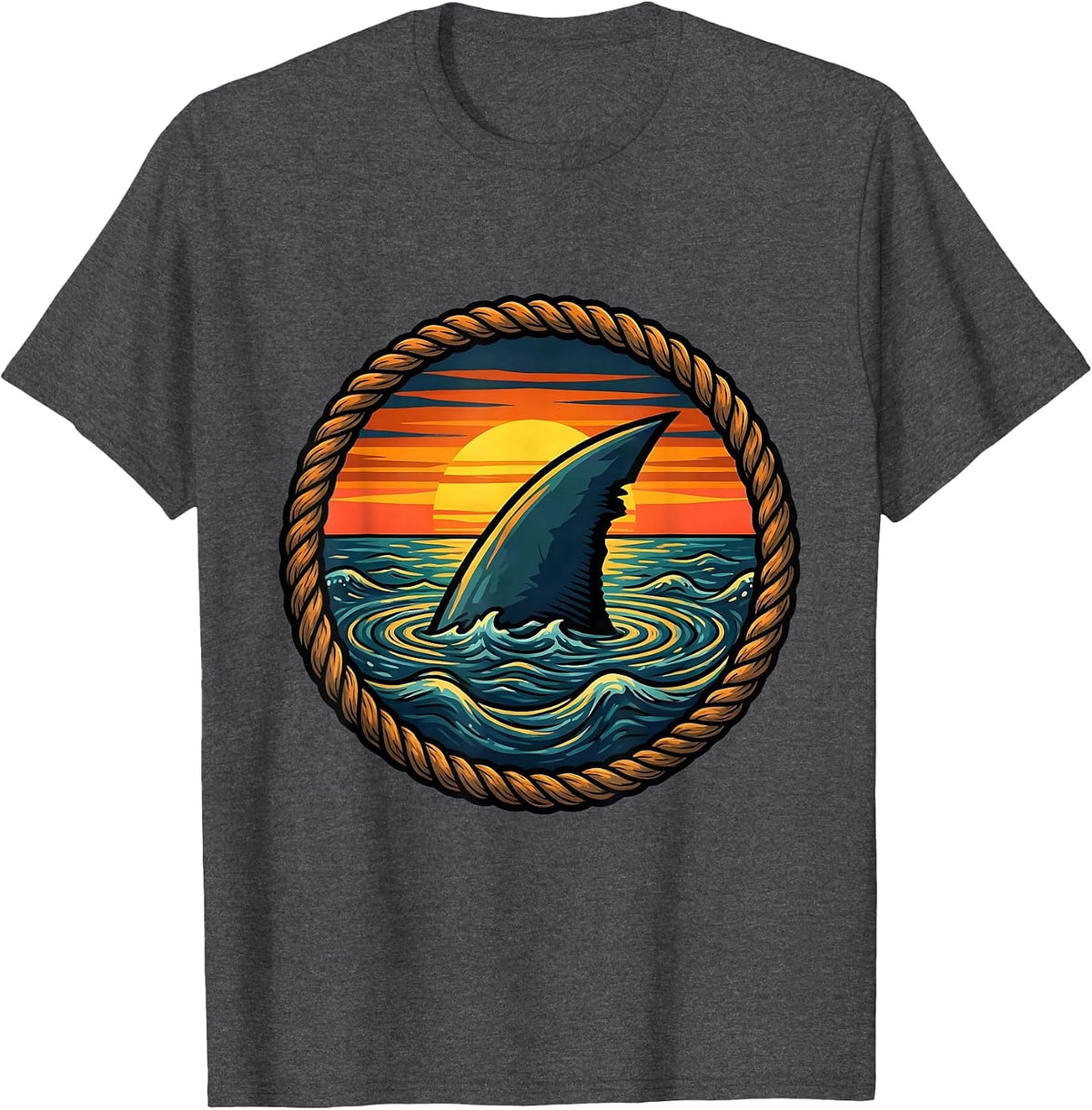 Hawaiian Shark Fin Sunset Ocean Graphic T-Shirt - Dark Heather Grey