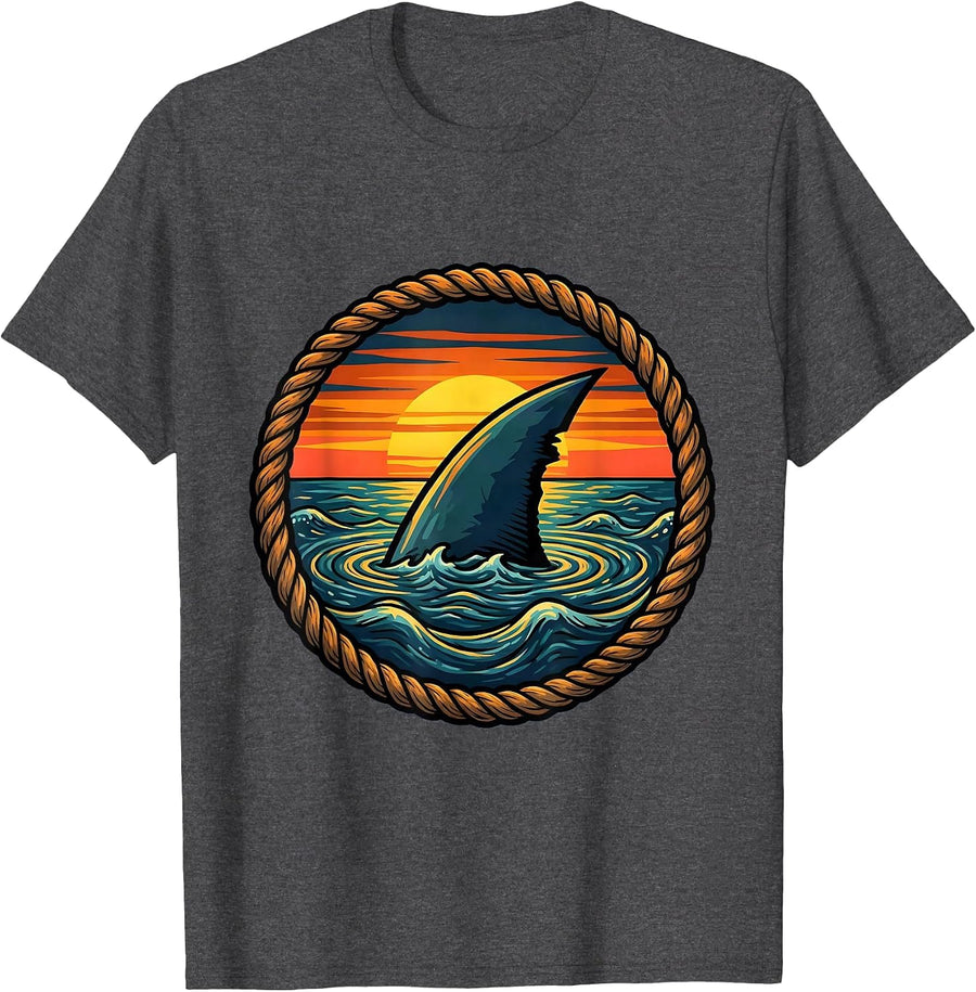Hawaiian Shark Fin Sunset Ocean Graphic T-Shirt - Dark Heather Grey