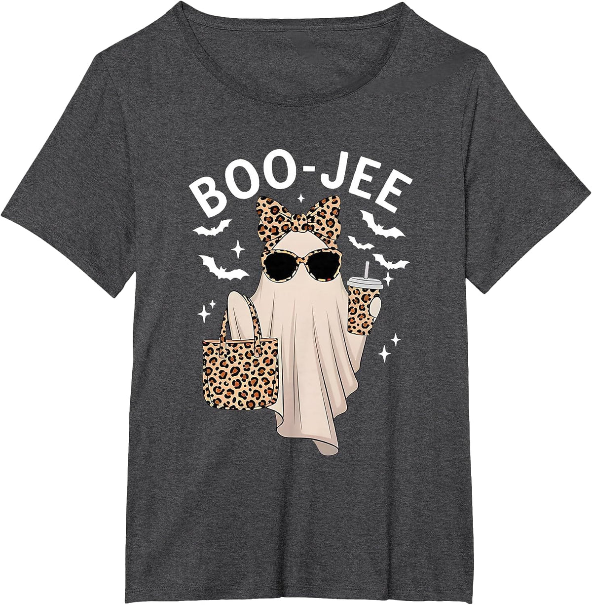 Boo-JEE Ghost Halloween Women Boo JEE Leopard Spooky Season T-Shirt - Dark Heather Grey