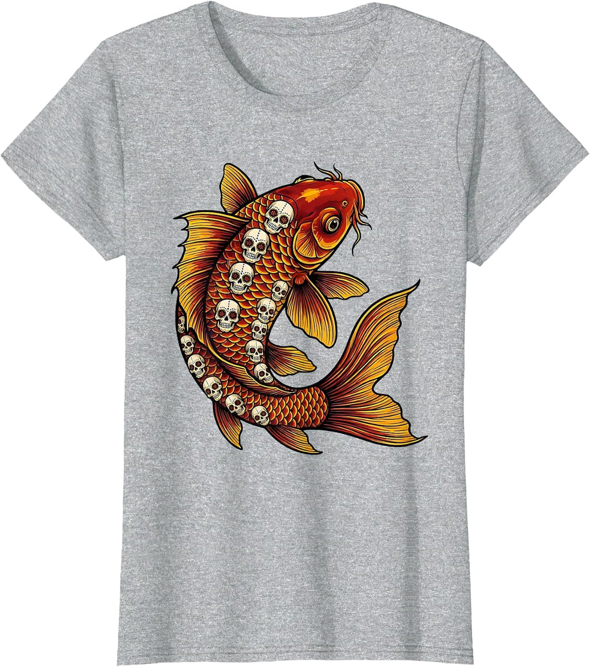 Dia de los Muertos Sugar Skull Koi Fish Art T-Shirt - Heather Grey