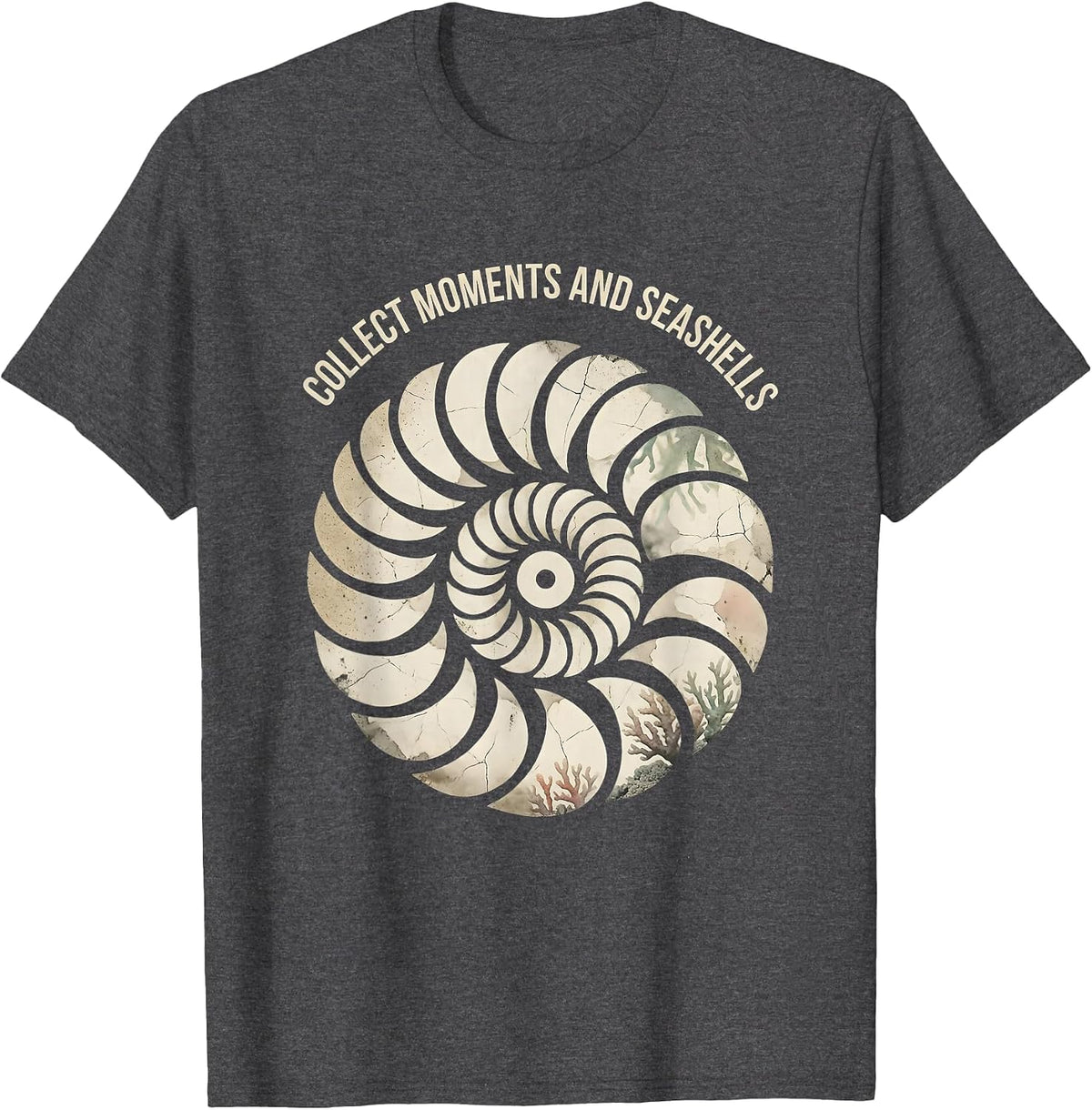 Collect Moments and Seashells Beach Design T-Shirt - Dark Heather Grey