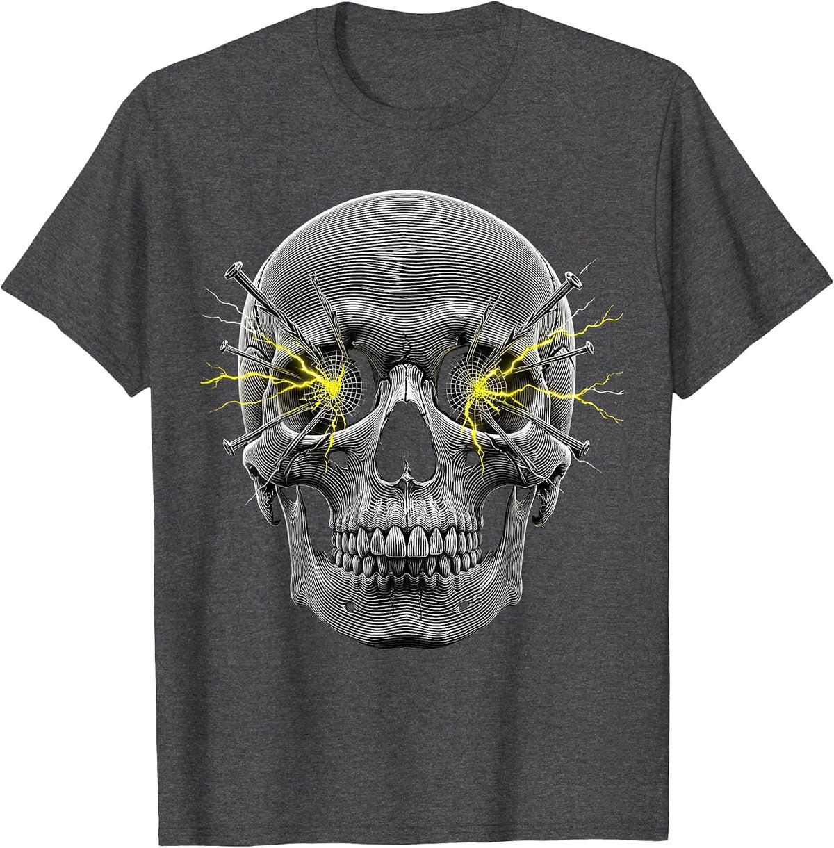 Overstimulated Electric Skull Graphic Design T-Shirt - Dark Heather Grey