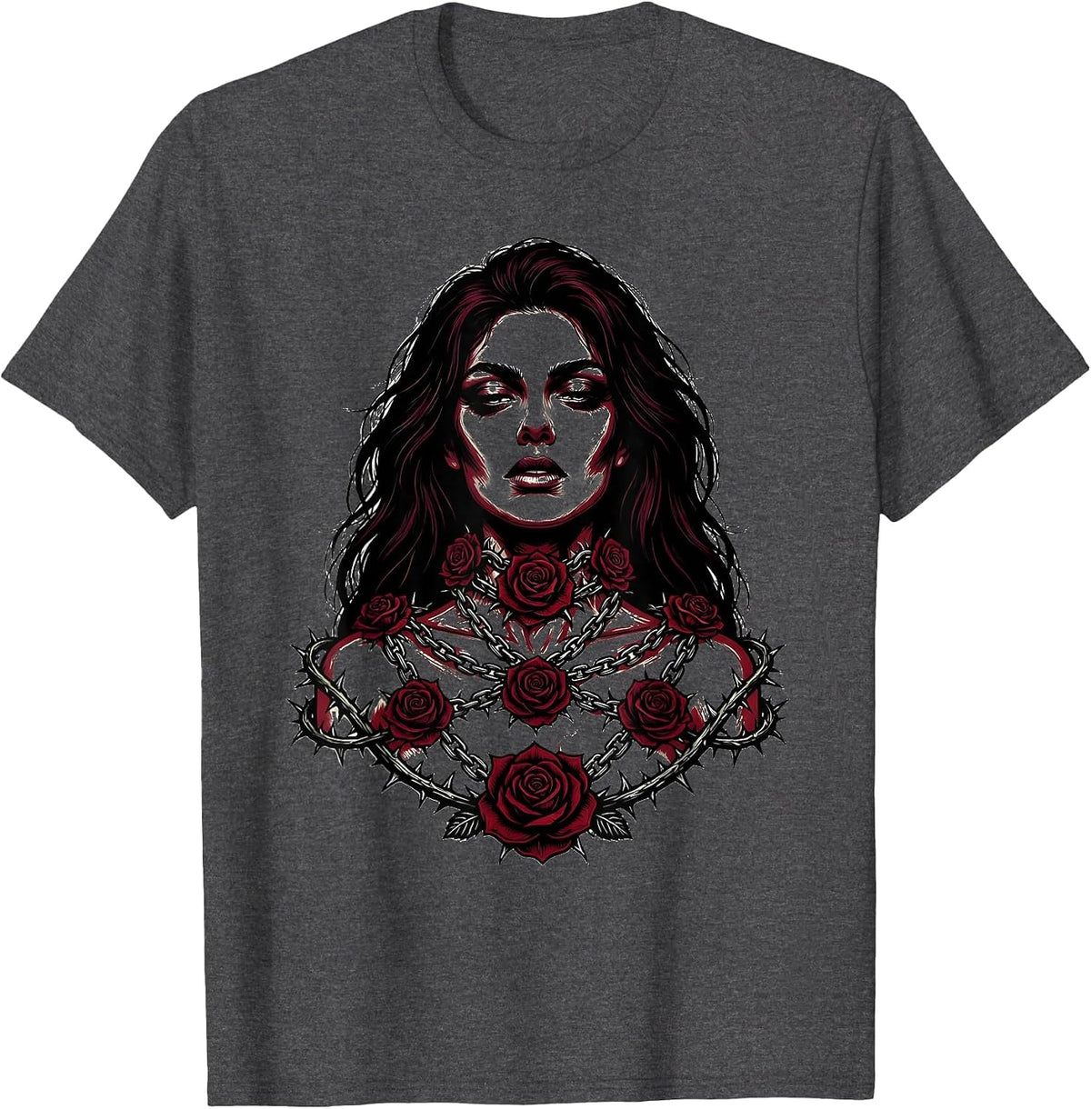 Emo Floral Chains Dark Botanical Art Design T-Shirt - Dark Heather Grey