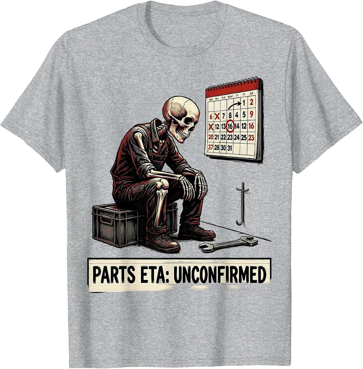 Men's Parts ETA: Unconfirmed Funny Skeleton Mechanic Auto Repair T-Shirt - Heather Grey