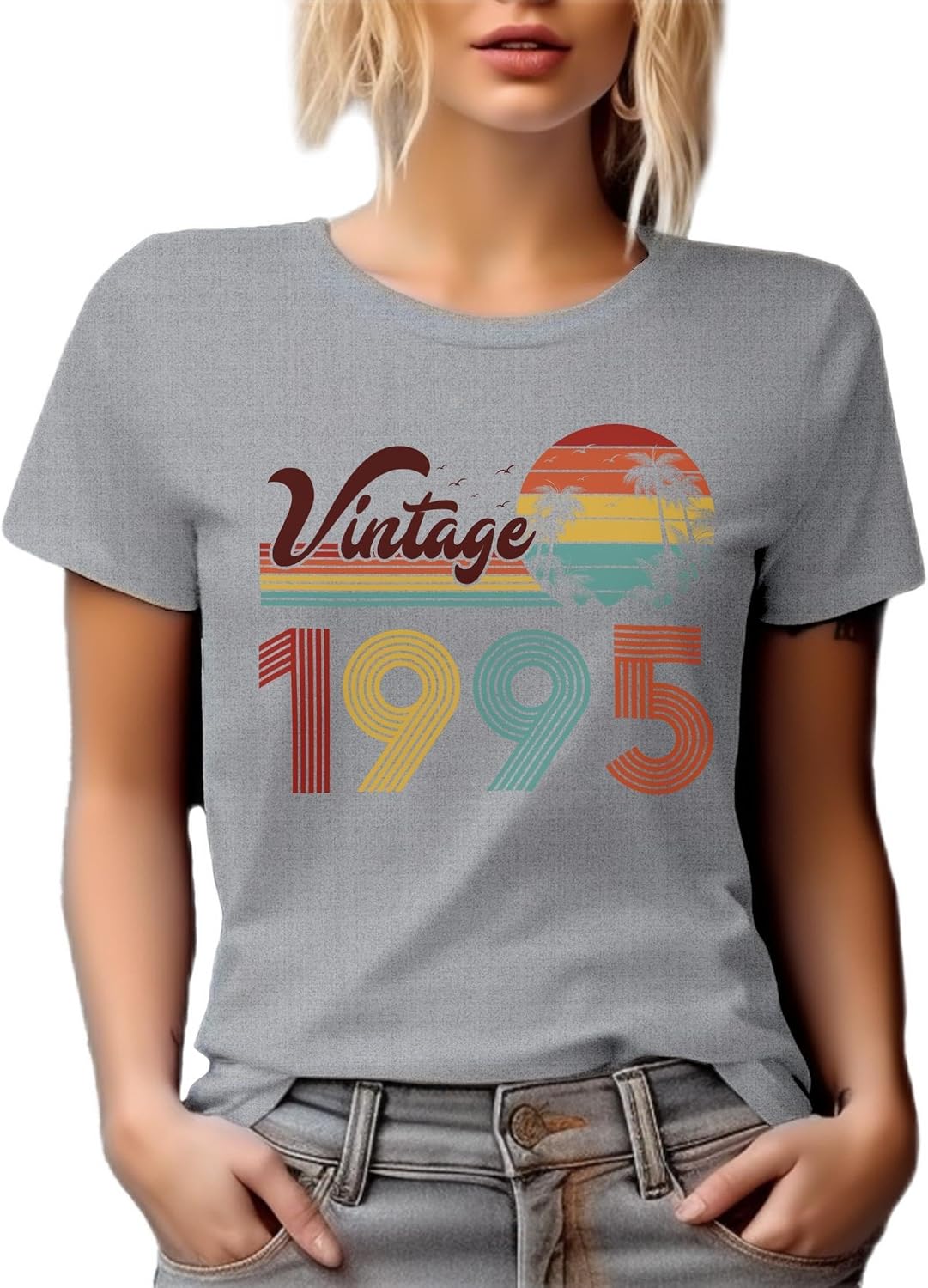Vintage 1995 feat. Retro Sunset & Palm Trees Graphic Tshirt - Heather Grey