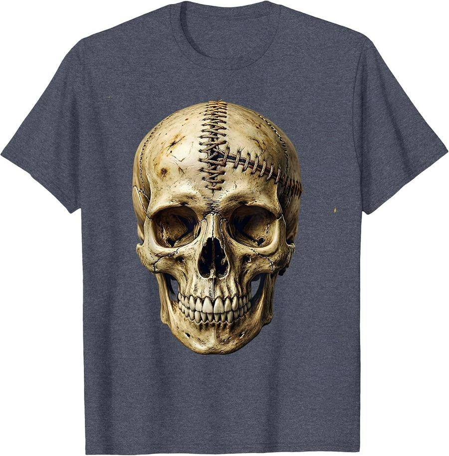 Cracked Skull Gold Kintsugi Mended Art Design T-Shirt - Heather Blue