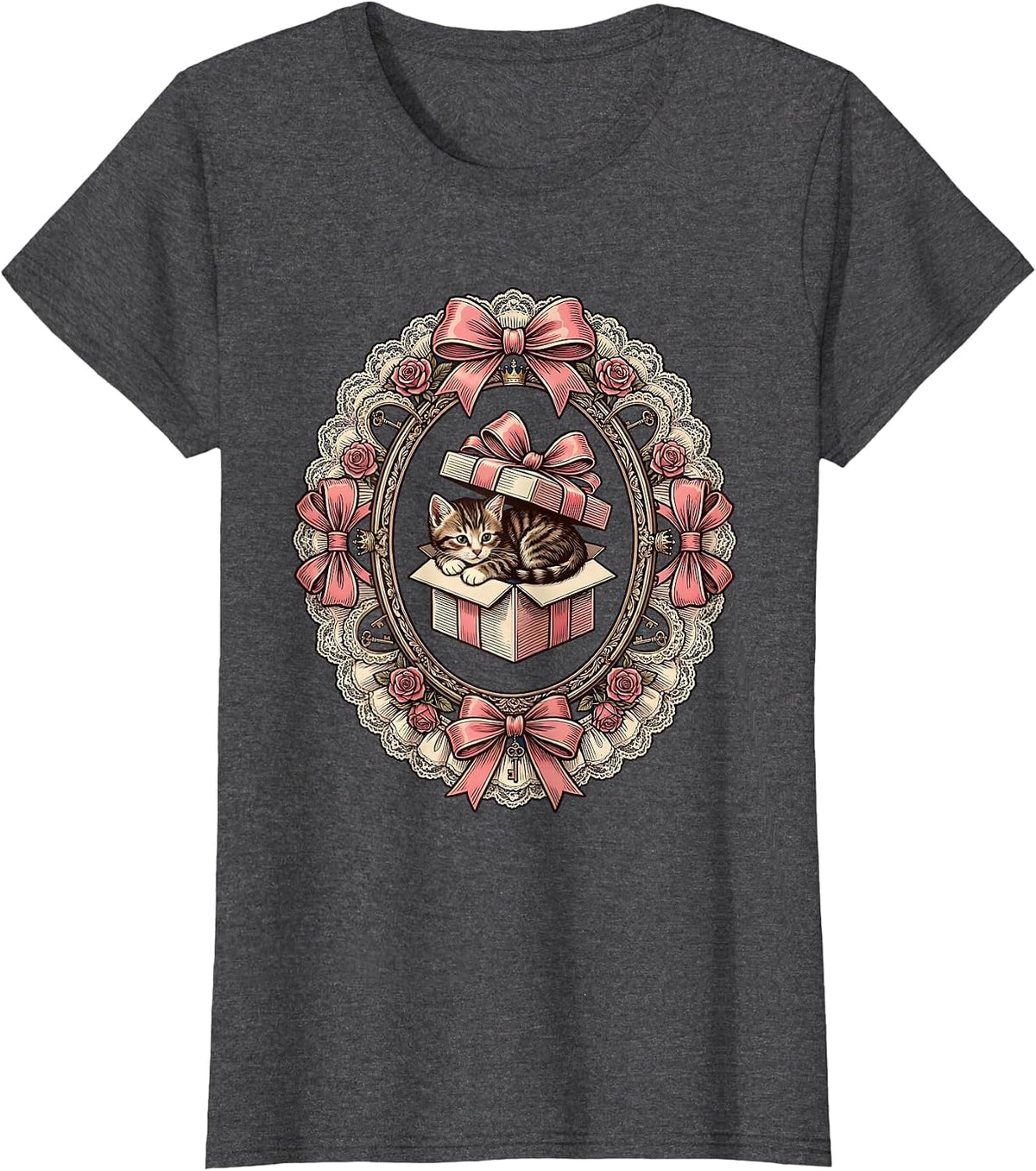 Women's Tabby Kitten Curled in Gift Box Illustration T-Shirt - Dark Heather Grey