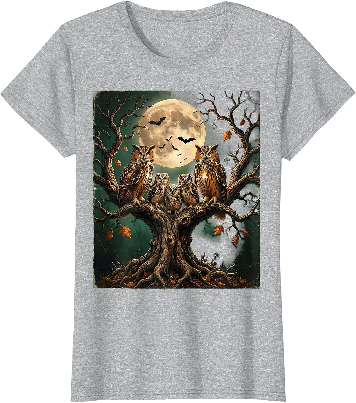 Owl Family Halloween Gnarled Tree Illustration T-Shirt - Heather Grey
