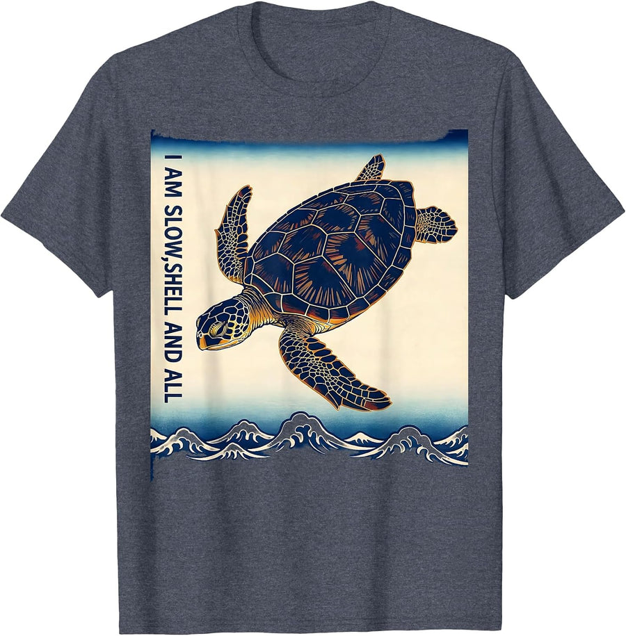 I Am Slow Shell And All Ukiyo E Sea Turtle Lover Beach Humor T-Shirt - Heather Blue