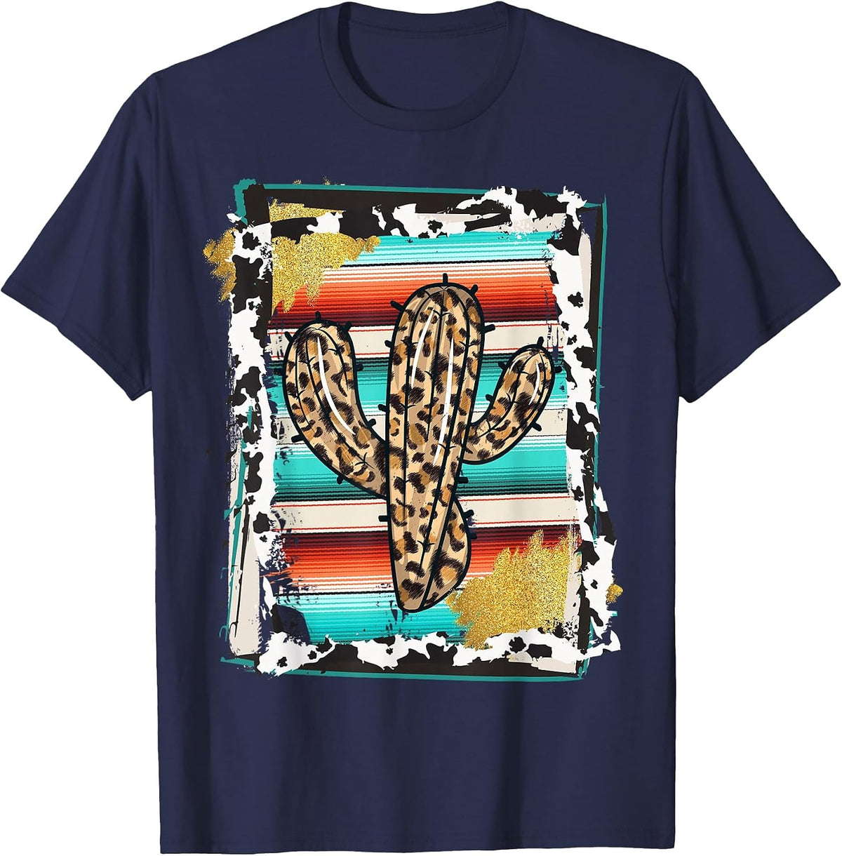 Serape Cactus - Leopard Cow Pattern Print Cowgirl Rodeo T-Shirt - Navy Blue