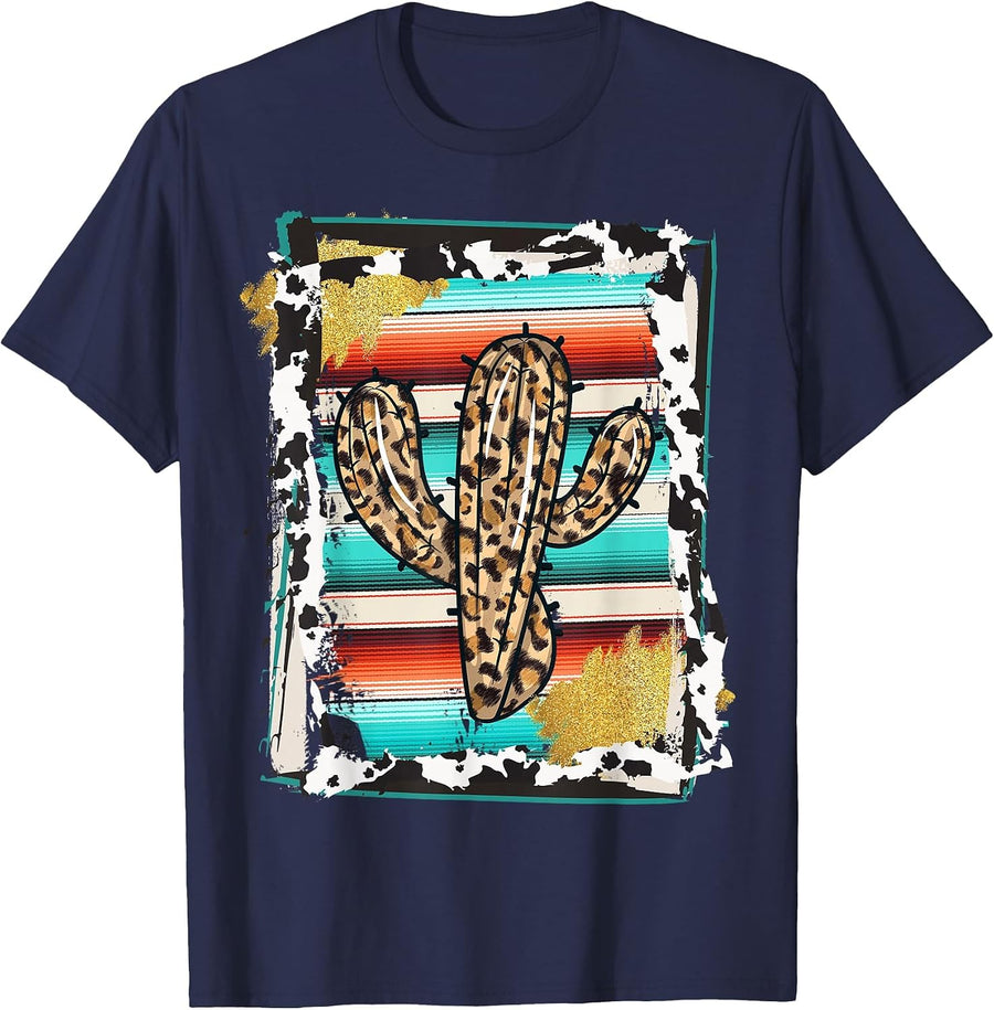 Serape Cactus - Leopard Cow Pattern Print Cowgirl Rodeo T-Shirt - Navy Blue