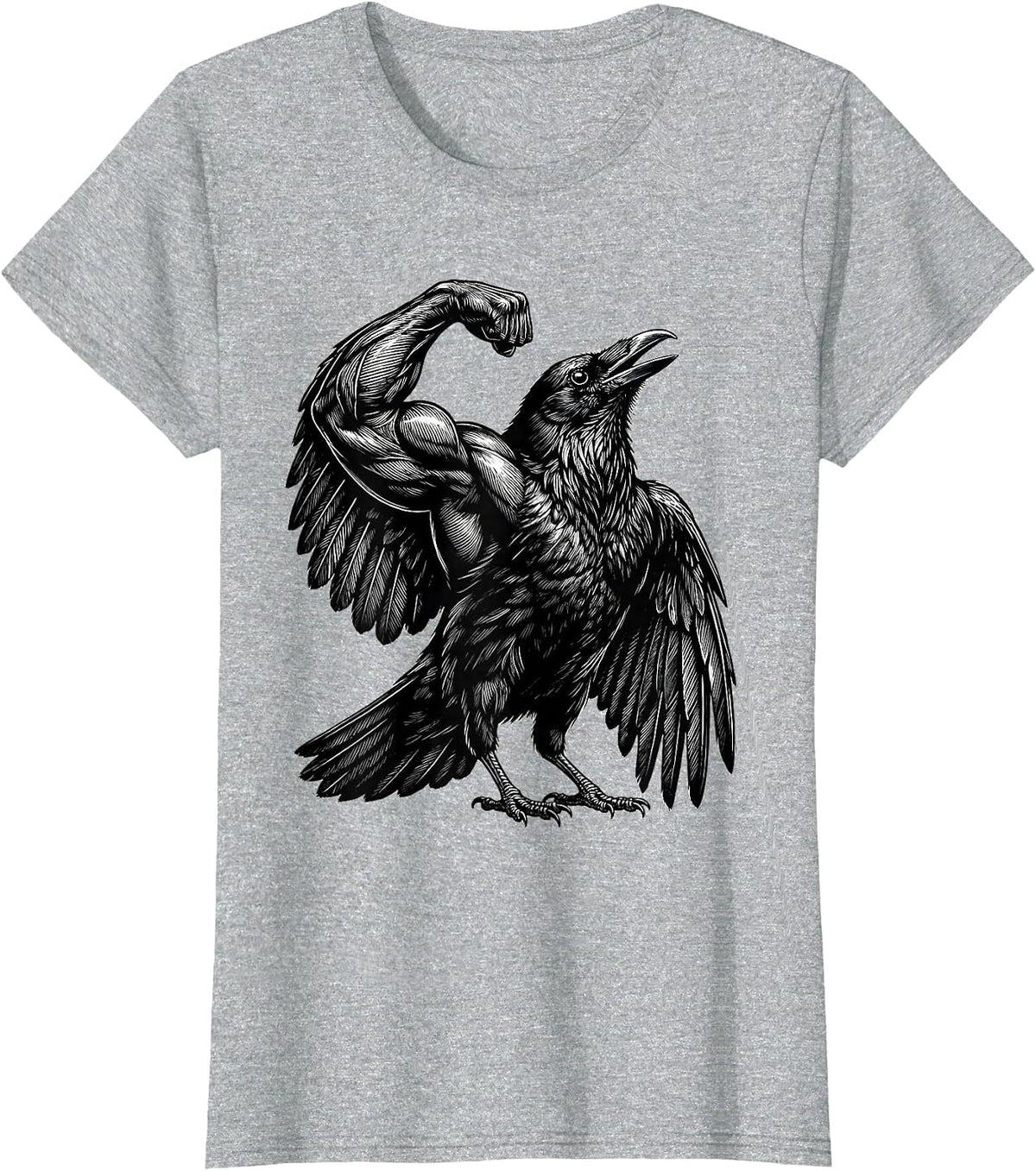 Crow Flexing Muscles Bodybuilder Bird Art T-Shirt - Heather Grey
