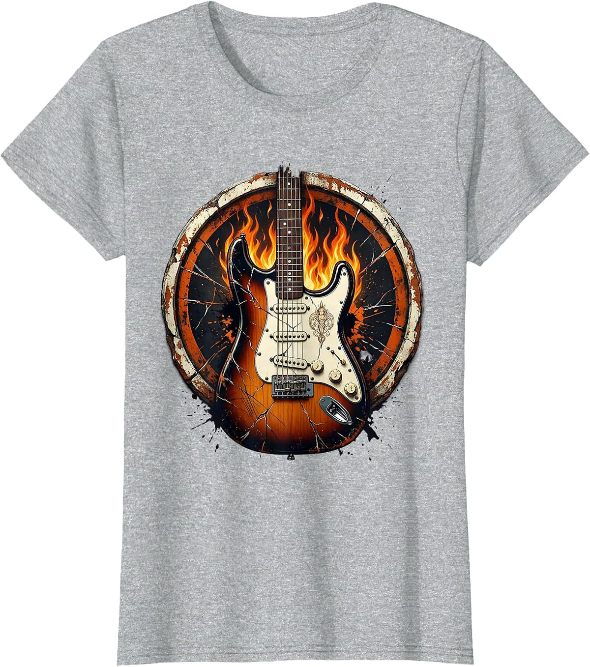 Cracked Electric Guitar Flames Rock and Roll Design T-Shirt - Heather Grey