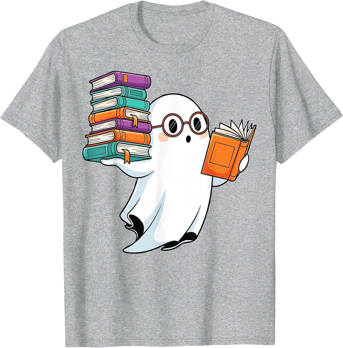 Ghost Reading Books Halloween Library T-Shirt - Heather Grey