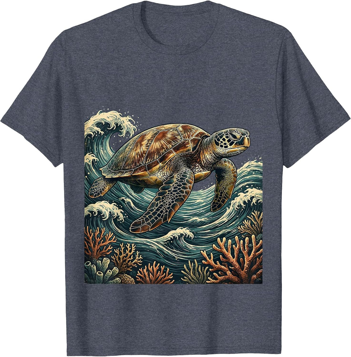 Hawaiian Sea Turtle Turquoise Ocean Waves Design T-Shirt - Heather Blue
