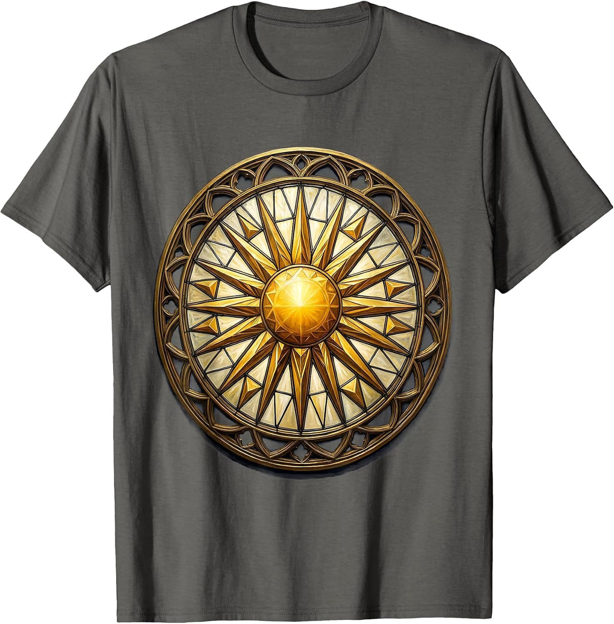 Stained Glass Geometric Sun Religious Design T-Shirt - Asphalt Grey