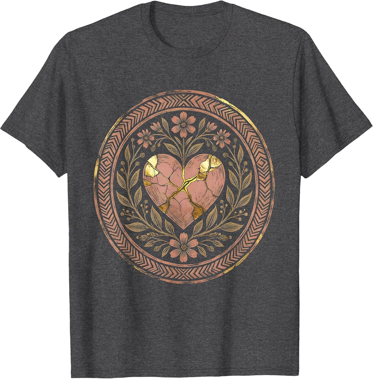 Men's Cancer Cracked Heart Golden Kintsugi Design T-Shirt - Dark Heather Grey