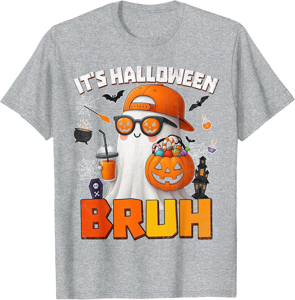 Its Halloween Bruh Boo Ghost Pumpkin Costume Boys Kids Mens T-Shirt - Heather Grey