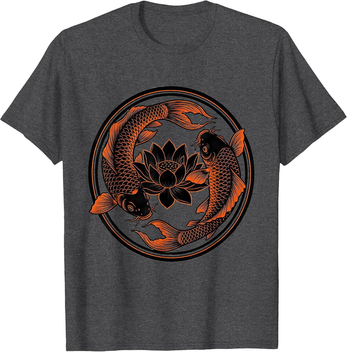 Orange Koi Fish Black Lotus Graphic Design T-Shirt - Dark Heather Grey