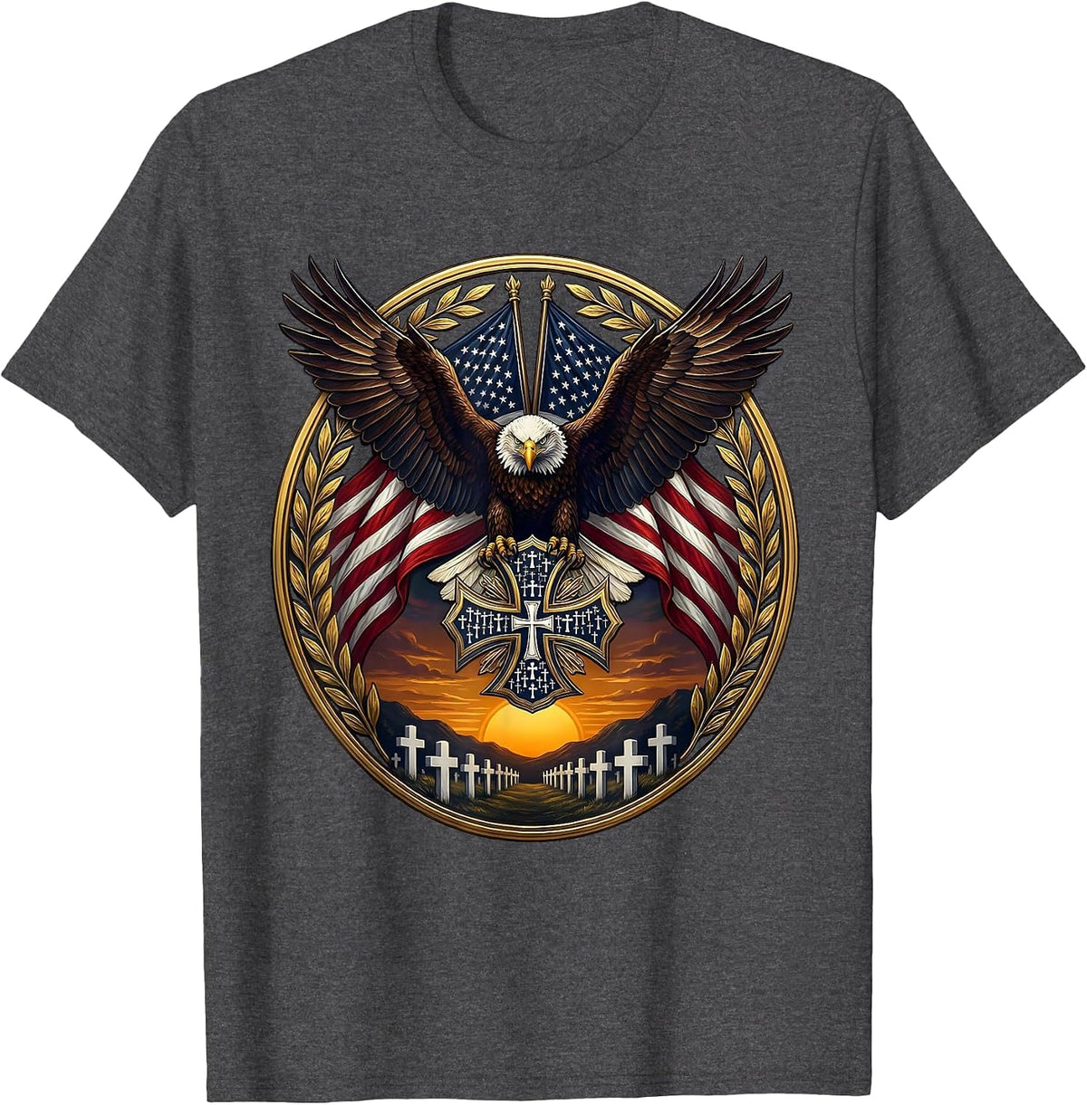 Memorial Crosses at Dusk Veteran Tribute T-Shirt - Dark Heather Grey