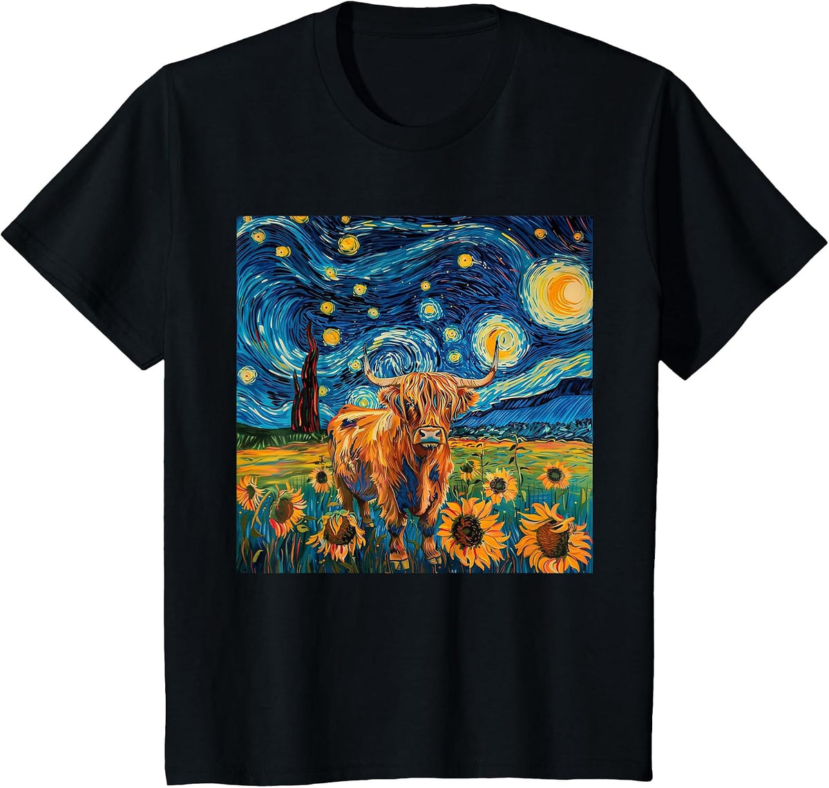 Aesthetic Scottish Highland Cow with Sunflowers Starry Night T-Shirt - Black